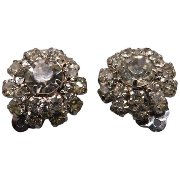 Vintage Patent Clip On Women Earrings Clustered Clear Crystals Button Shaped - Picture 6 of 6